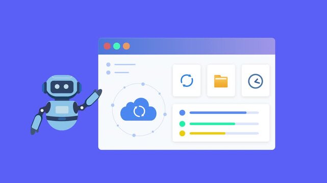 Flat vector illustration of a robot assistant beside a cloud monitoring dashboard with loading, folder, and clock icons, representing cloud management, synchronization, and workflow automation.