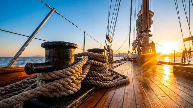 Close up of nautical rope on a wooden sailboat deck during a beautiful golden sunset with lens flare and calm ocean view luxury maritime lifestyle concept