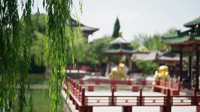 Garden with traditional Chinese pagoda or palace in old Xian city, visit Asia. Walk in park in ancient asian region, admire unique architecture and explore culture of old Chinese state, inspiration