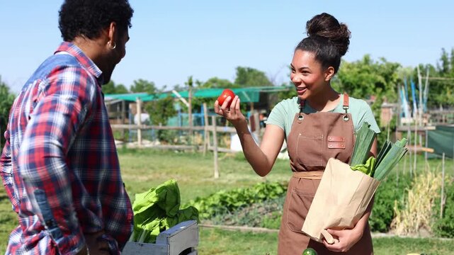 Female farmer selling fresh organic vegetables to a customer