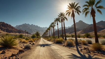 Obraz premium Palm Tree Desert Oasis with Mountain Landscape Under Clear Blue Sky