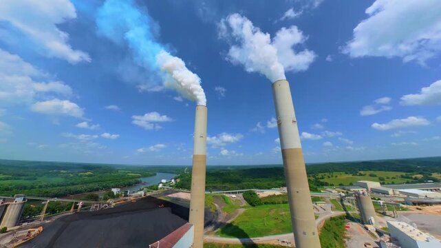 Low aerial orbit of 2 smokestacks at a fossil fuel refinery on the Cumberland River in Cumberland City, Tennessee