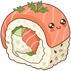 Cute kawaii salmon sushi roll illustration isolated on transparent background PNG © Creative