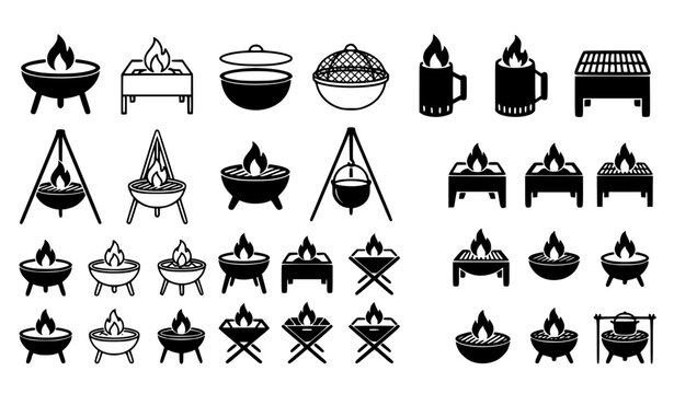 Camping Brazier Glyph Icon Vector Set