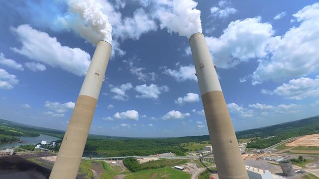 Aerial flythrough of smoke stacks at a fossil fuel refinery on the Cumberland River in Cumberland City, TN