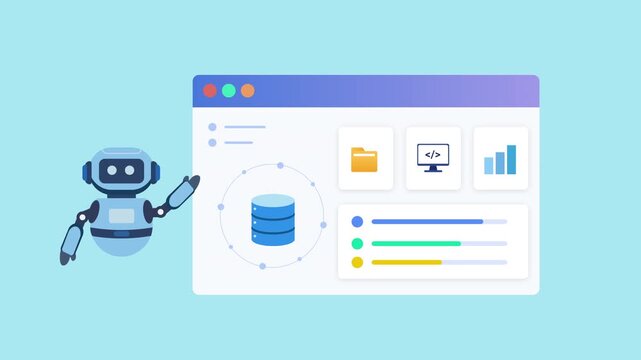 Flat vector illustration of a robot assistant beside a cloud database dashboard with database, folder, monitor, and chart icons, representing cloud infrastructure, data management, and automation.