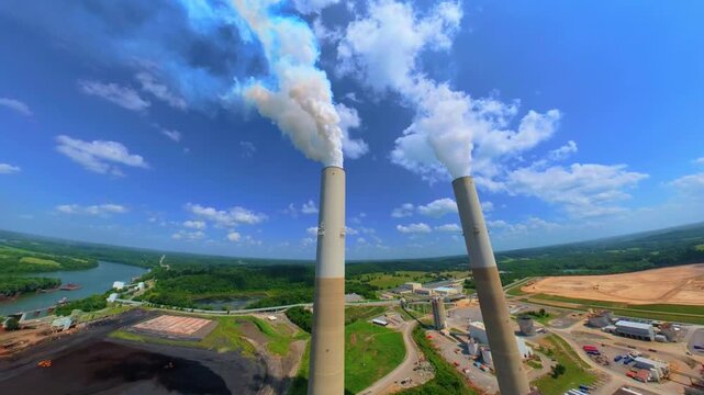 Rising drone shot revealing 2 smokestacks at a fossil fuel plant in Cumberland City, Tennessee