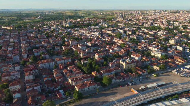 Establishing aerial drone view sweeping across dense residential quarters and urban infrastructure in Edirne, Turkey