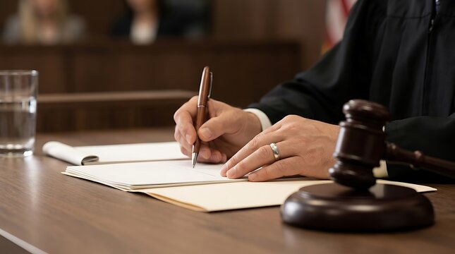 A judge in a black robe sitting at a courtroom desk, writing on legal documents with a wooden gavel resting nearby during a formal legal proceeding