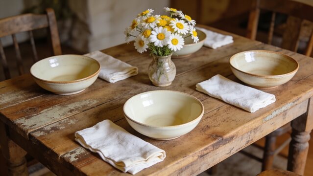 Charming rustic dining setup with white daisies in a glass vase and ceramic bowls on a distressed wooden farmhouse table, suited for restaurant and country living promotions.