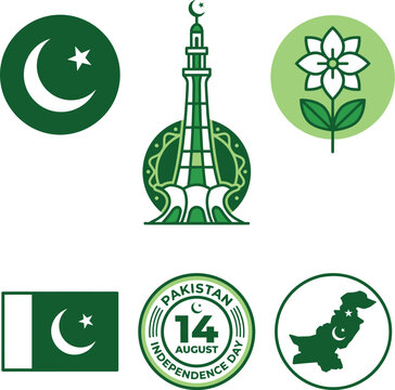 Flat design vector icon set for Pakistan Independence Day including crescent star jasmine flower and minar-e-pakistan monument asset collection