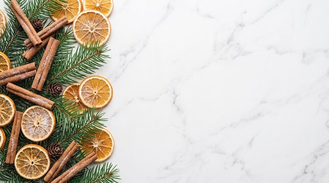 Flat lay of pine needles, dried orange slices and cinnamon sticks on marble background