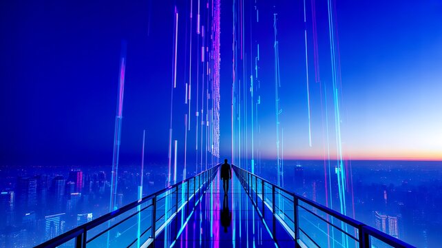 Futuristic digital bridge with glowing data streams and smart city technology background