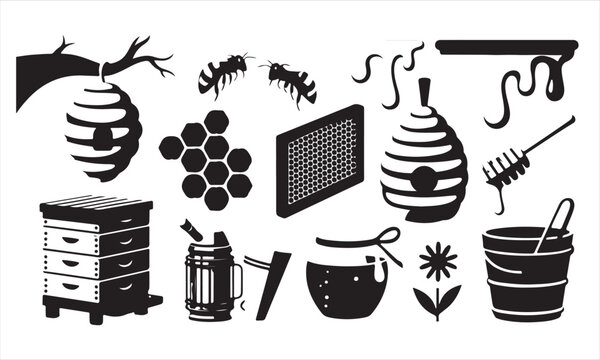Honey Bee, Beehive and Apiary Symbol Set Isolated on White Background