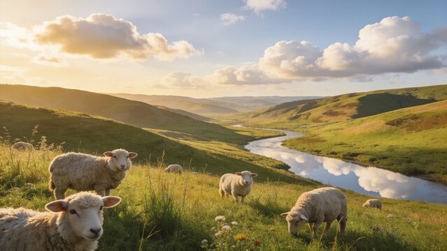 Fluffy sheep graze on a sunlit hillside overlooking a winding river valley, ideal for promoting rural tourism, organic wool products, or countryside wellness retreats.