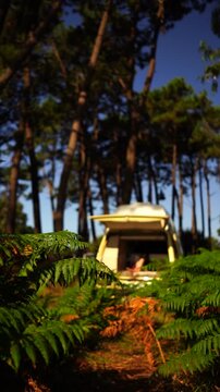 Woman Relaxing in Open Vintage Campervan in Pine Forest &ndash; Van Life Lifestyle