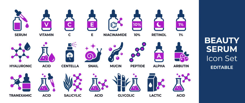 Beauty Serum Ingredient Icons: Vitamin C, Hyaluronic Acid, Retinol, Peptides, Arbutin