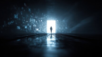 Obraz premium Silhouette figure walks toward a bright portal