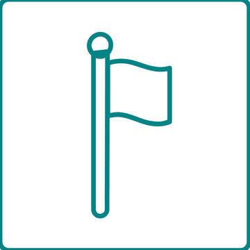 Minimalist line icon of flag pole with wavy banner, teal vector illustration for stadium sports event decoration, flat design scalable graphic element inside rounded frame for match day branding