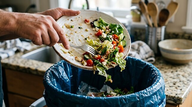 A person scraping leftover fresh salad from a white ceramic plate into a blue plastic trash bin in a home kitchen setting, food waste concept