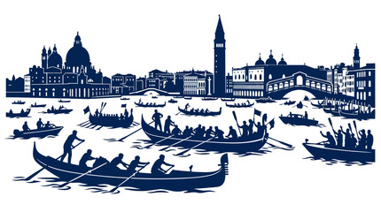 Venice canal scene with gondolas, historic buildings and campanile silhouette © kc