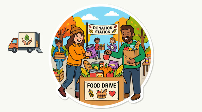 Volunteers collecting food donations at autumn food drive event