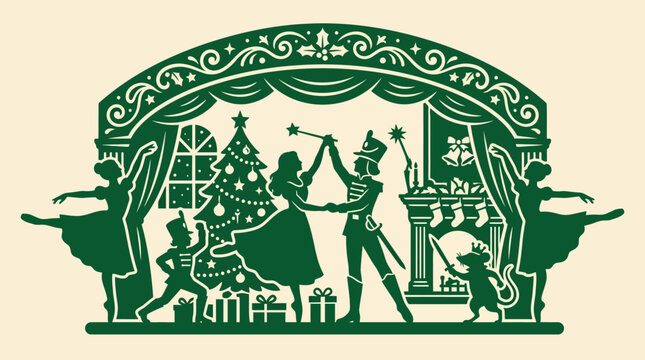 Nutcracker Ballet Silhouette: Christmas Tree, Dancers, Soldiers, Mouse King, Gifts