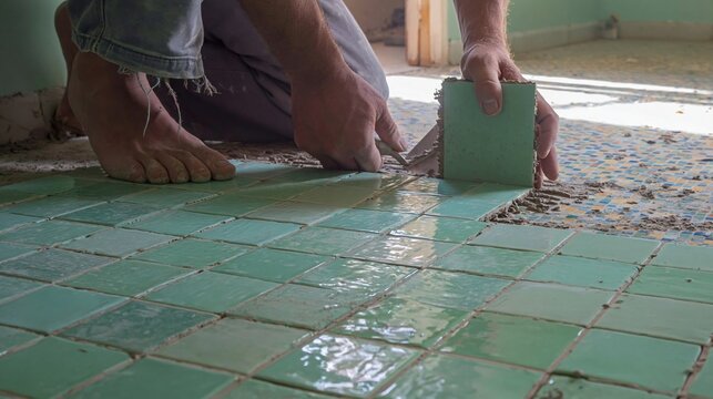 Hands carefully grouting vintage turquoise ceramic tiles on floor with bare feet visible