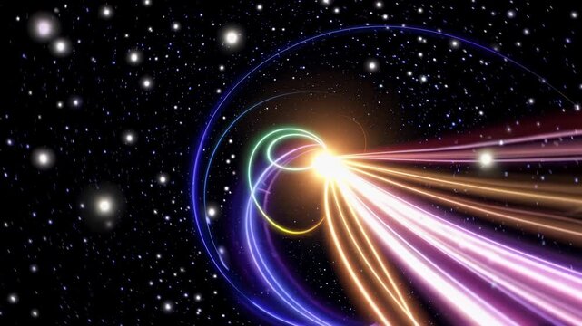 Colorful light trails spiral and converge towards a bright center in a cosmic space scene, showcasing the dynamic flow of energy and motion through the universe