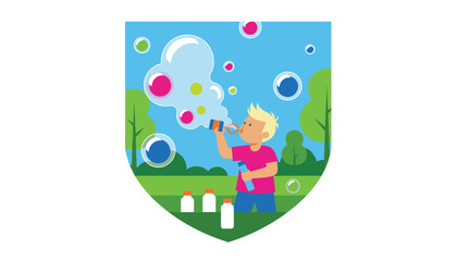 Fototapeta premium Little boy blowing large colorful soap bubbles in the park vector illustration