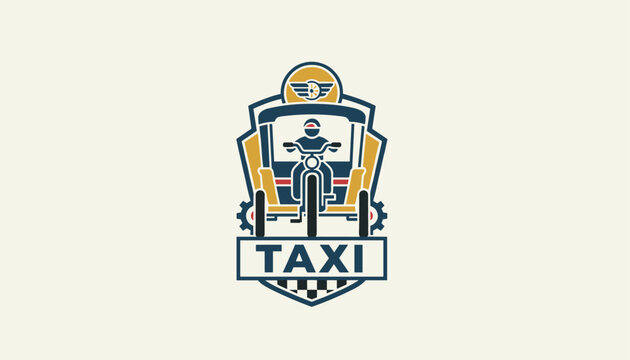 Traditional Indian auto rickshaw vector emblem featuring a taxi icon, wings, and a checkerboard pattern design.