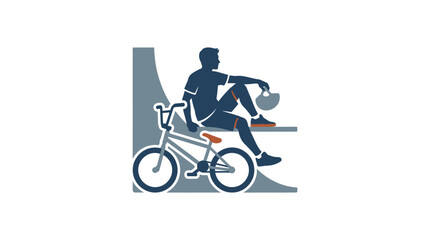 Obraz premium A silhouette illustration of a BMX rider resting by his bicycle on a skate ramp.