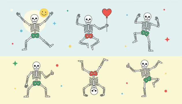 Playful dancing skeletons cartoon characters shown in various fun energetic poses with a red heart and smileys.