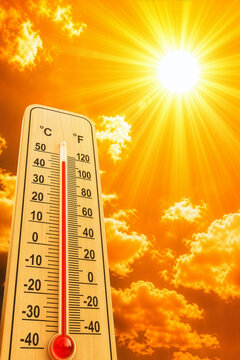 Hot weather - Summer heat background - Thermometer sky and sun rays 