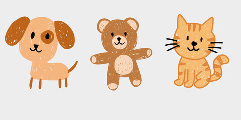 crayon doodle animal set vector. Kawaii hand drawn puppy dog, teddy bear, and tabby cat sticker collection isolated. © WhimsyCharmery