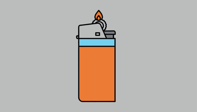 Orange plastic pocket lighter with a burning flame flat vector illustration on a solid grey background.