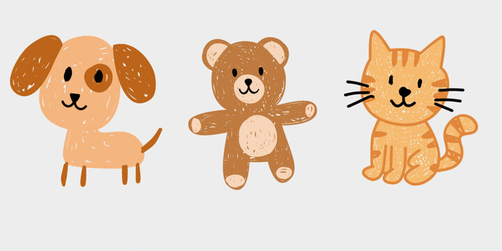 crayon doodle animal set vector. Kawaii hand drawn puppy dog, teddy bear, and tabby cat sticker collection isolated.