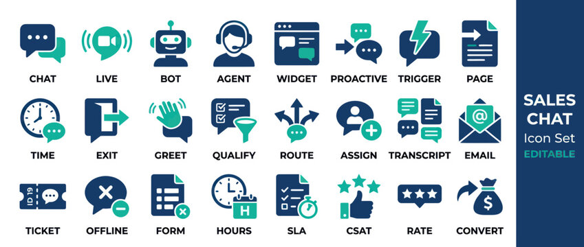 Sales Chat Icon Set: Communication, Support, Bots, and Customer Service