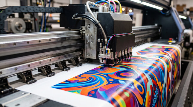 Extreme close-up of an industrial wide-format digital printer head applying vibrant abstract graphics on canvas, professional printing process
