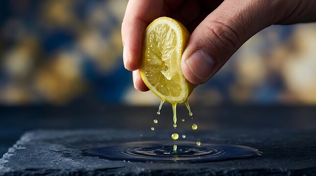 Macro shot of a hand squeezing a fresh lemon slice with juice droplets falling into a small pool of water on a dark slate surface with blurred