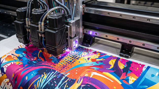 Extreme close-up of an industrial wide-format digital printer head applying vibrant abstract graphics on canvas, professional printing process