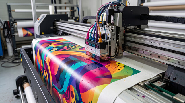 Extreme close-up of an industrial wide-format digital printer head applying vibrant abstract graphics on canvas, professional printing process