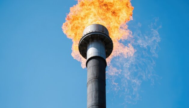 Industrial flare stack releasing large flames against a clear blue sky during gas combustion at an energy or chemical plant.