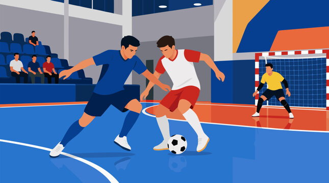 Indoor futsal players battling for the ball on a glossy blue court inside a sports hall, goalkeeper guarding striped net, dynamic competitive soccer vector illustration with spectators