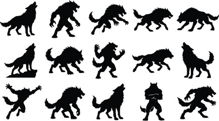 Obraz premium Collection of wolf and werewolf silhouettes in various poses