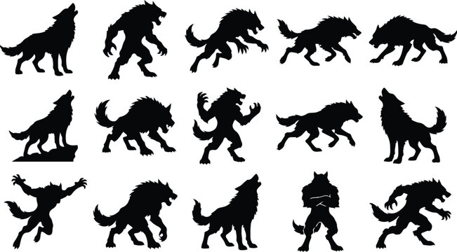 Collection of wolf and werewolf silhouettes in various poses