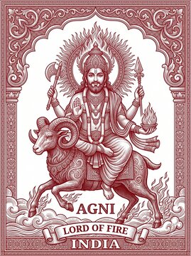 Agni, Lord of Fire: A striking illustration depicts Agni, the Hindu deity of fire, seated on a ram with multiple arms holding a battle axe and a flaming arrow, surrounded by a radiant halo.