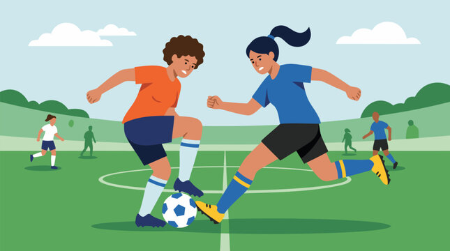 Dynamic women's soccer match with two athletes battling for possession at midfield, cleats meeting the ball, green pitch and teammates behind, energetic competition, teamwork and athletic skill