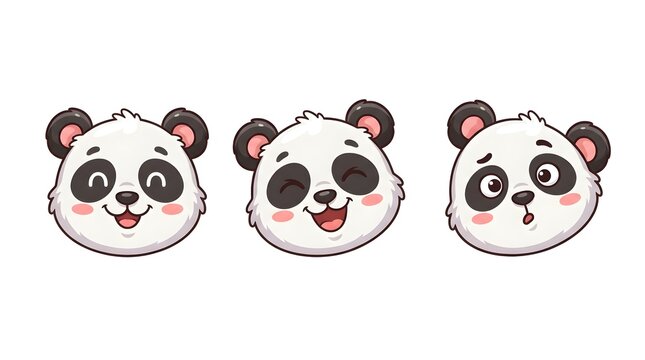 Set of cute panda bear faces with different happy and surprised facial expressions.