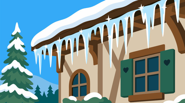 Sparkling blue icicles dangling from a snowy cottage roof with green shutters, alpine pine trees and bright winter sky, cozy vector illustration of frosty cabin charm and seasonal cold